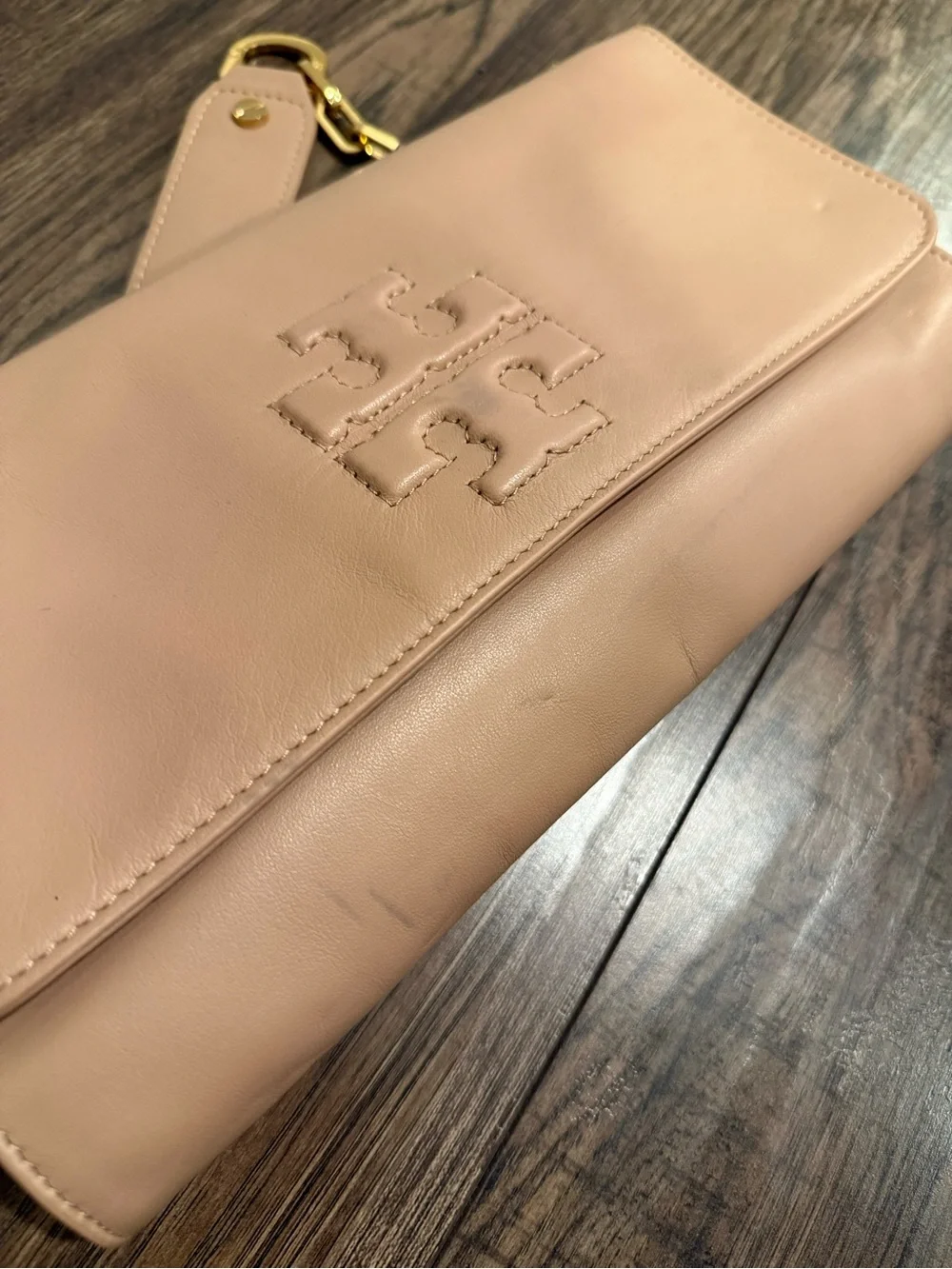 Tory Burch Blush Leather Fold-Over Wristlet with Gold Chain